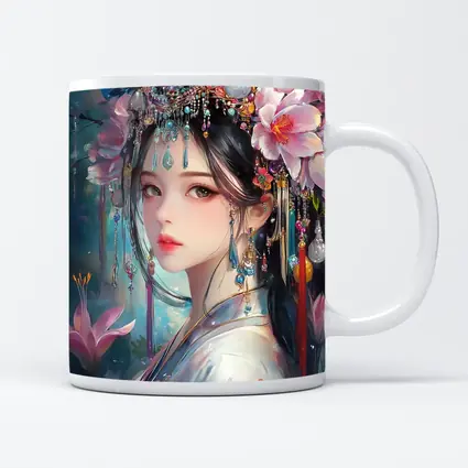 Chinese Fantasy Girl Floral Jeweled Headdress Art