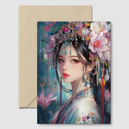 Chinese Fantasy Girl Floral Jeweled Headdress Art