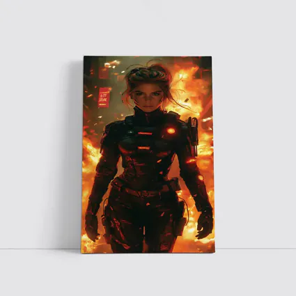 Cyberpunk Woman Warrior Fire Explosion Background
