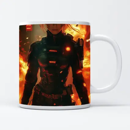 Cyberpunk Woman Warrior Fire Explosion Background