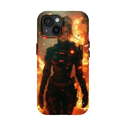 Cyberpunk Woman Warrior Fire Explosion Background