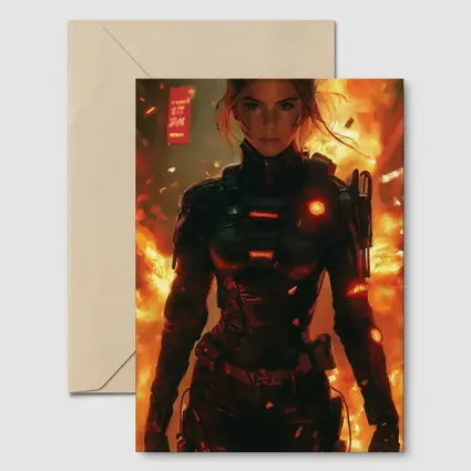 Cyberpunk Woman Warrior Fire Explosion Background