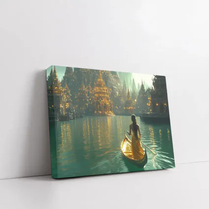 Woman in Golden Gondola Fantasy City