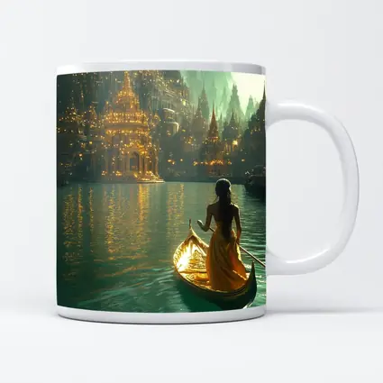 Woman in Golden Gondola Fantasy City