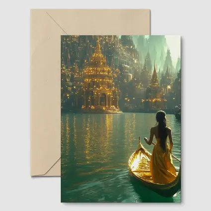 Woman in Golden Gondola Fantasy City