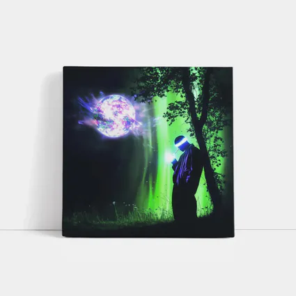 Cyberpunk Wizard Glowing Orb Dark Forest