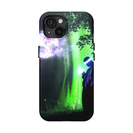 Cyberpunk Wizard Glowing Orb Dark Forest