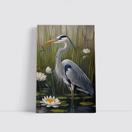 Great Blue Heron Standing Among Water Lilies