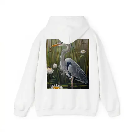 Great Blue Heron Standing Among Water Lilies