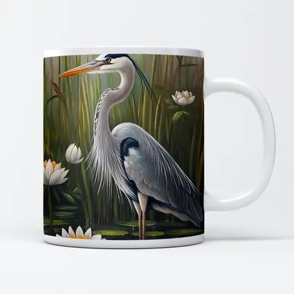 Great Blue Heron Standing Among Water Lilies