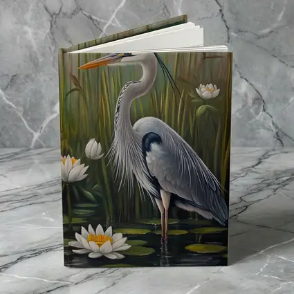 Great Blue Heron Standing Among Water Lilies