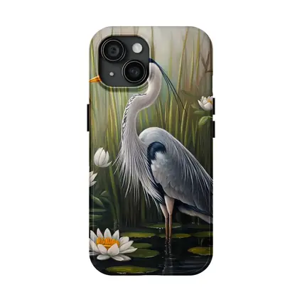 Great Blue Heron Standing Among Water Lilies
