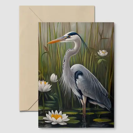 Great Blue Heron Standing Among Water Lilies