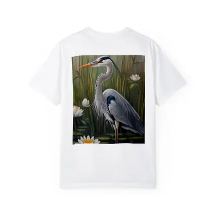 Great Blue Heron Standing Among Water Lilies