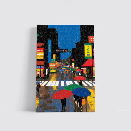 Rainy Tokyo Street Scene Colorful Umbrellas