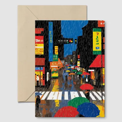 Rainy Tokyo Street Scene Colorful Umbrellas