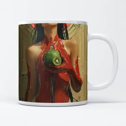 Cyberpunk Woman Red Suit Holding Fruit