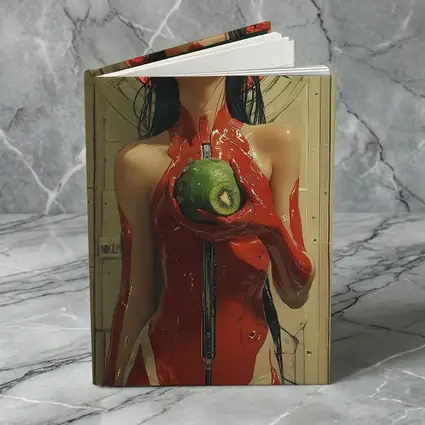 Cyberpunk Woman Red Suit Holding Fruit