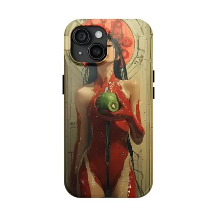 Cyberpunk Woman Red Suit Holding Fruit