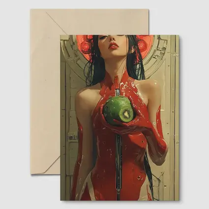 Cyberpunk Woman Red Suit Holding Fruit