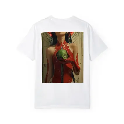 Cyberpunk Woman Red Suit Holding Fruit