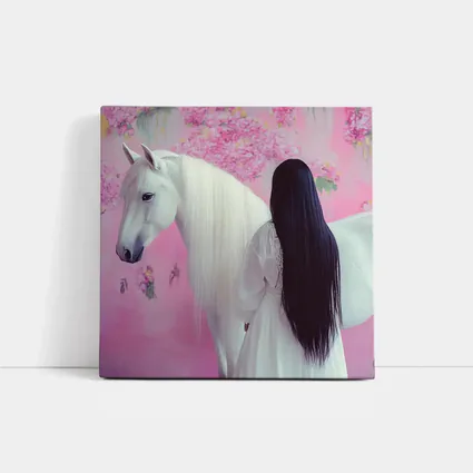 White Horse Woman Pink Floral Background