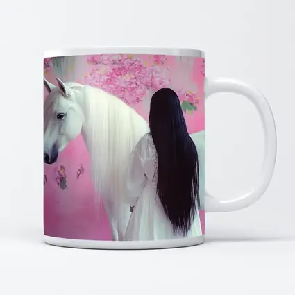 White Horse Woman Pink Floral Background
