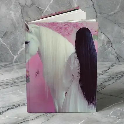 White Horse Woman Pink Floral Background