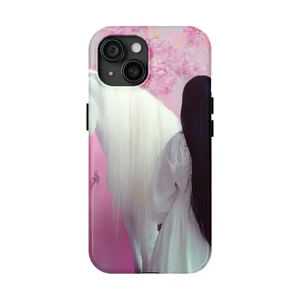 White Horse Woman Pink Floral Background