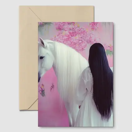White Horse Woman Pink Floral Background