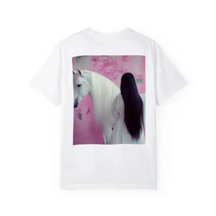 White Horse Woman Pink Floral Background