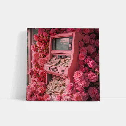 Pink ATM Machine Overflowing With Cash Roses