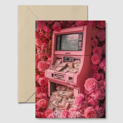 Pink ATM Machine Overflowing With Cash Roses