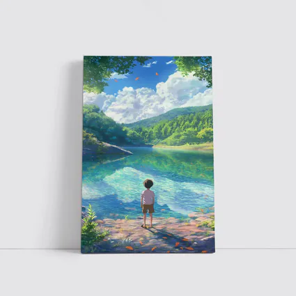 Anime Boy Standing By Serene Forest Lake