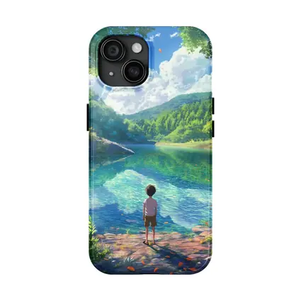 Anime Boy Standing By Serene Forest Lake