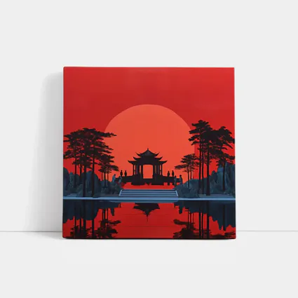 Chinese Pagoda Red Sun Reflection Art