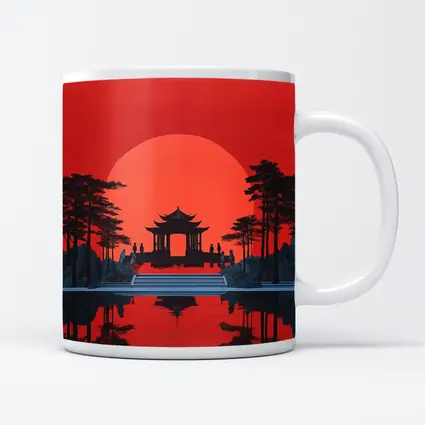 Chinese Pagoda Red Sun Reflection Art