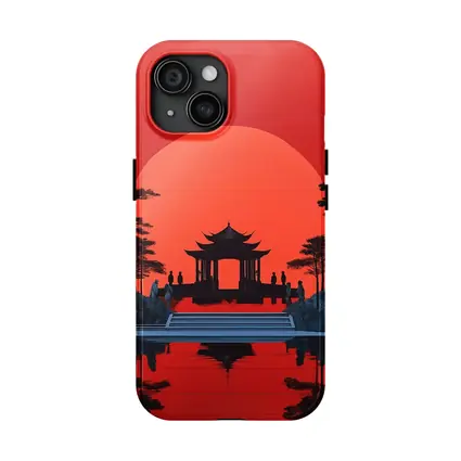 Chinese Pagoda Red Sun Reflection Art
