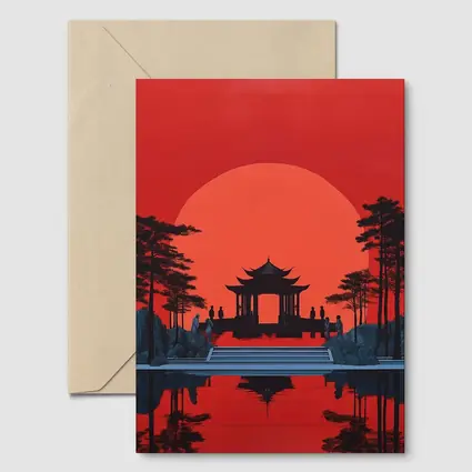 Chinese Pagoda Red Sun Reflection Art