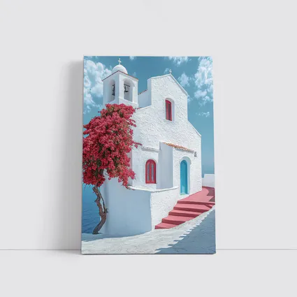 White Greek Church Red Bougainvillea Sea View