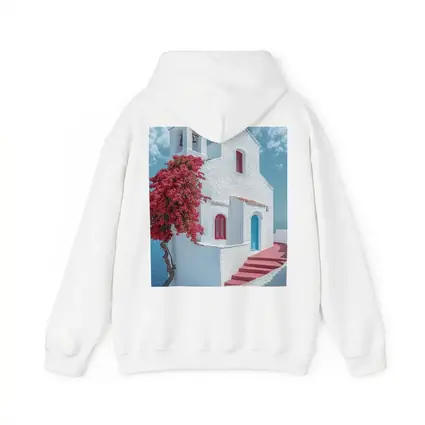 White Greek Church Red Bougainvillea Sea View