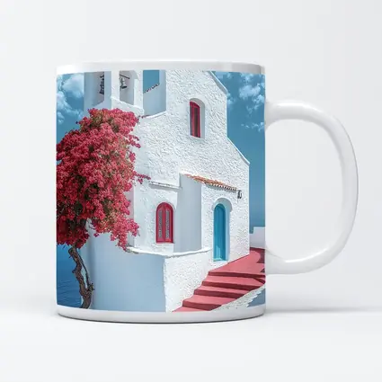 White Greek Church Red Bougainvillea Sea View