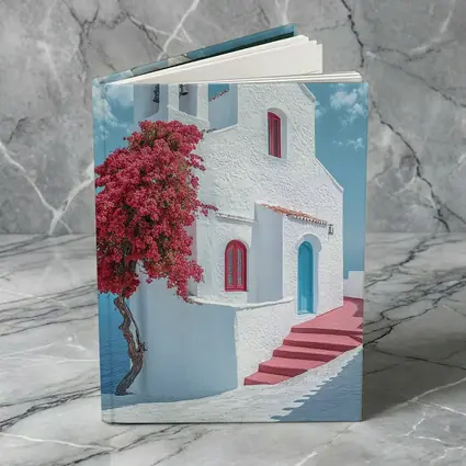 White Greek Church Red Bougainvillea Sea View