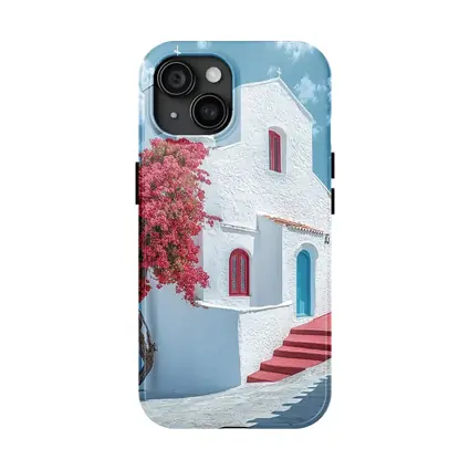 White Greek Church Red Bougainvillea Sea View