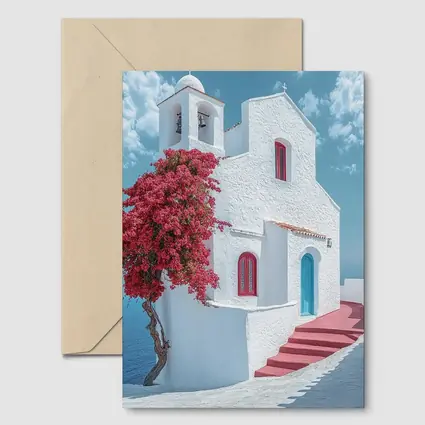 White Greek Church Red Bougainvillea Sea View