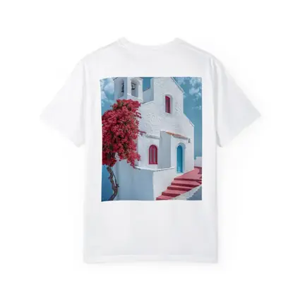 White Greek Church Red Bougainvillea Sea View