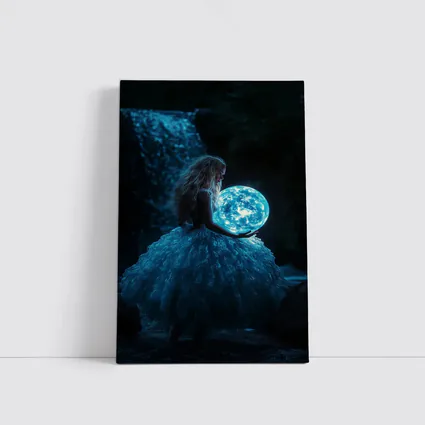Girl Holding Glowing Moon By Waterfall