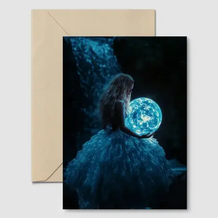 Girl Holding Glowing Moon By Waterfall