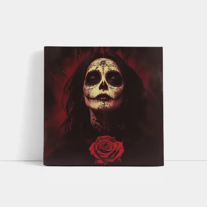 Sugar Skull Woman Dark Red Rose Art