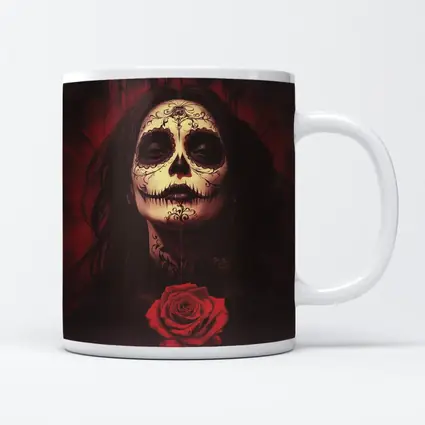 Sugar Skull Woman Dark Red Rose Art